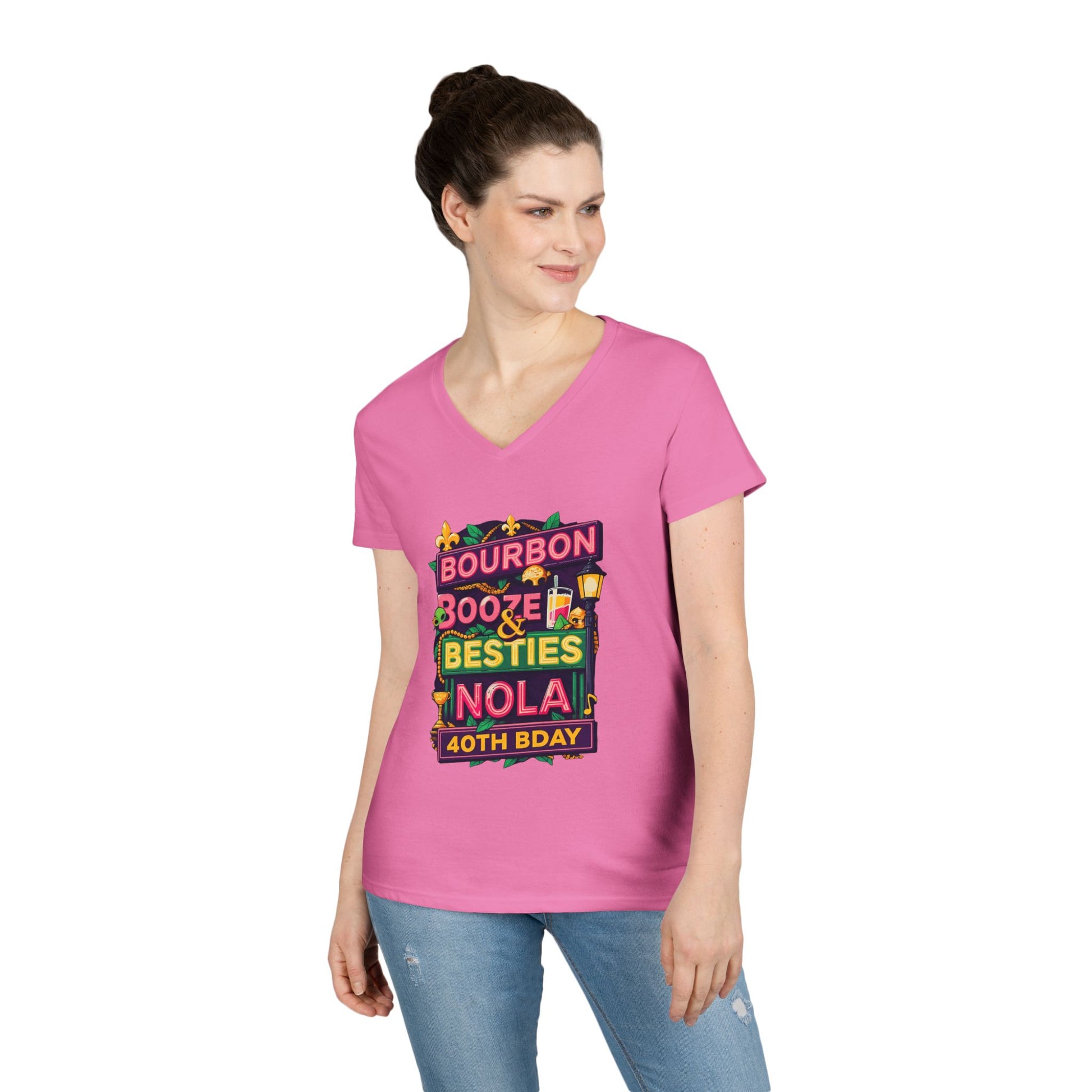 Women's - Bourbon & Besties V-Neck T-Shirt for 40th Birthday Celebration